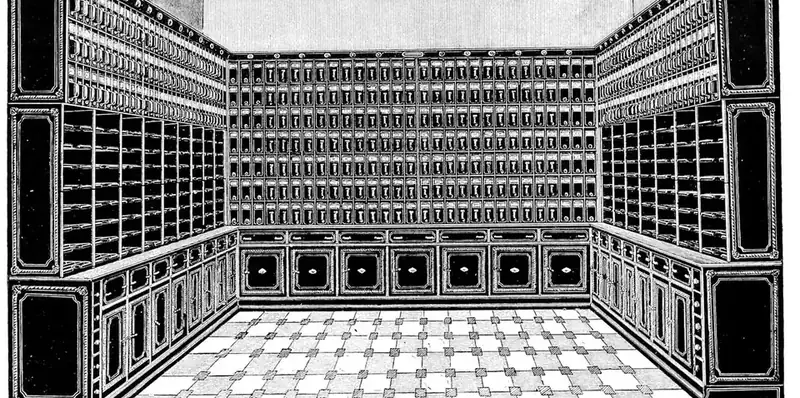 An engraving of a records room lined floor to ceiling with index drawers