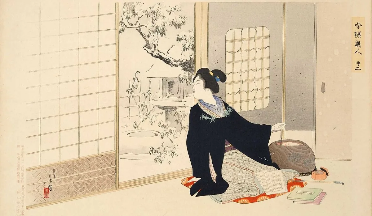 A woodblock print of a woman seated beside an open shoji screen