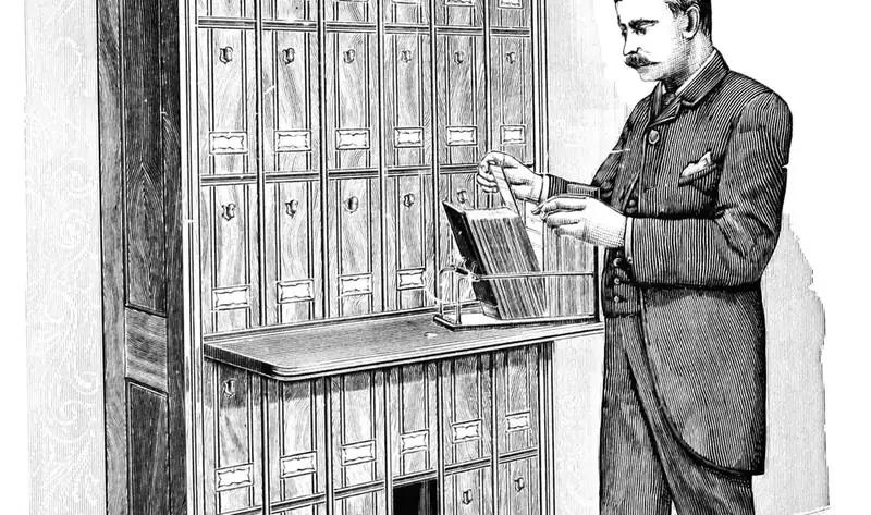 An engraving of a clerk taking a file from a tall filing cabinet